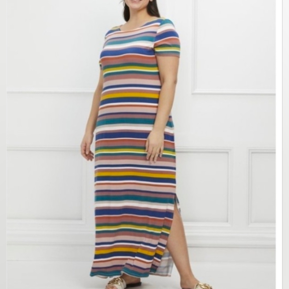 Eloquii Elements Plus Size Stretchy Stripe Maxi Dress Cutout Back Slit Tall